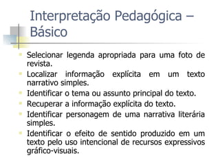 Interpretação Pedagógica – Básico Selecionar legenda apropriada para uma foto de revista.  Localizar informação explícita em um texto narrativo simples.  Identificar o tema ou assunto principal do texto. Recuperar a informação explícita do texto. Identificar personagem de uma narrativa literária simples. Identificar o efeito de sentido produzido em um texto pelo uso intencional de recursos expressivos gráfico-visuais. 