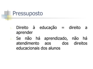 Pressuposto Direito à educação = direito a aprender Se não há aprendizado, não há atendimento aos  dos direitos educacionais dos alunos 