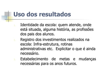 Uso dos resultados Identidade da escola: quem atende, onde está situada, alguma história, as profissões dos pais dos alunos. Registro dos investimentos realizados na escola: Infra-estrutura, rotinas administrativas etc.  Explicitar o que é ainda necessário.  Estabelecimento de metas e mudanças necessárias para os anos futuros.  
