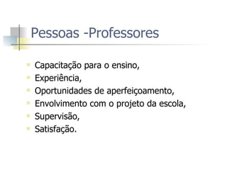Pessoas -Professores Capacitação para o ensino,  Experiência,  Oportunidades de aperfeiçoamento, Envolvimento com o projeto da escola, Supervisão,  Satisfação. 