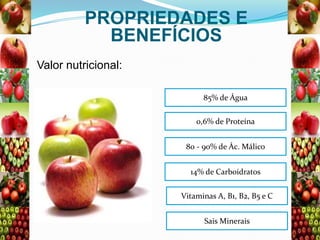 PROPRIEDADES E
BENEFÍCIOS
Valor nutricional:
85% de Água
0,6% de Proteína
80 - 90% de Ác. Málico
14% de Carboidratos
Vitaminas A, B1, B2, B5 e C
Sais Minerais

 