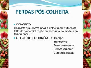 PERDAS PÓS-COLHEITA
 CONCEITO:

Descarte que ocorre após a colheita em virtude da
falta de comercialização ou consumo do produto em
tempo hábil;
 LOCAL DE OCORRÊNCIA: Campo
Transporte
Armazenamento
Processamento
Comercialização

 