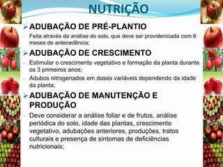 NUTRIÇÃO
 ADUBAÇÃO DE PRÉ-PLANTIO
Feita através da análise do solo, que deve ser providenciada com 6
meses de antecedência;

 ADUBAÇÃO DE CRESCIMENTO
Estimular o crescimento vegetativo e formação da planta durante
os 3 primeiros anos;
Adubos nitrogenados em doses variáveis dependendo da idade
da planta;

 ADUBAÇÃO DE MANUTENÇÃO E

PRODUÇÃO
Deve considerar a análise foliar e de frutos, análise
periódica do solo, idade das plantas, crescimento
vegetativo, adubações anteriores, produções, tratos
culturais e presença de sintomas de deficiências
nutricionais;

 