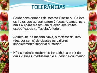 TOLERÂNCIAS
• Serão considerados da mesma Classe ou Calibre

os frutos que apresentarem 2 (duas) gramas, para
mais ou para menos, em relação aos limites
especificados na Tabela Anterior;
• Admite-se, na mesma caixa, o máximo de 10%

(dez por cento) de classes ou calibres
imediatamente superior e inferior;
• Não se admite mistura de tamanhos a partir de

duas classes imediatamente superior e/ou inferior;

 