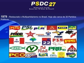 1979 - Restaurado o Multipartidarismo no Brasil. Hoje são cerca de 30 Partidos
Políticos.
 