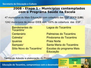 2008 - Etapa 1 – Municípios contemplados
com o Programa Saúde na Escola
47 municípios do Mais Educação com cobertura das ESF (IDEB 2,69);
1242 municípios de menor IDEB com 100% de cobertura das ESF
Termo de Adesão e elaboração do Projeto
Bandeirantes do
Tocantins*
Lagoa do Tocantins
Centenário Palmeiras do Tocantins
Colméia* Pindorama do Tocantins
Ipueiras Praia Norte
Sampaio* Santa Maria do Tocantins
Sítio Novo do Tocantins* Escolas do programa Mais
Educação
 