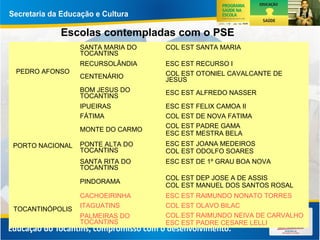 Escolas contempladas com o PSE
PEDRO AFONSO
SANTA MARIA DO
TOCANTINS
COL EST SANTA MARIA
RECURSOLÂNDIA ESC EST RECURSO I
CENTENÁRIO COL EST OTONIEL CAVALCANTE DE
JESUS
BOM JESUS DO
TOCANTINS ESC EST ALFREDO NASSER
PORTO NACIONAL
IPUEIRAS ESC EST FELIX CAMOA II
FÁTIMA COL EST DE NOVA FATIMA
MONTE DO CARMO
COL EST PADRE GAMA
ESC EST MESTRA BELA
PONTE ALTA DO
TOCANTINS
ESC EST JOANA MEDEIROS
COL EST ODOLFO SOARES
SANTA RITA DO
TOCANTINS
ESC EST DE 1º GRAU BOA NOVA
PINDORAMA
COL EST DEP JOSE A DE ASSIS
COL EST MANUEL DOS SANTOS ROSAL
TOCANTINÓPOLIS
CACHOEIRINHA ESC EST RAIMUNDO NONATO TORRES
ITAGUATINS COL EST OLAVO BILAC
PALMEIRAS DO
TOCANTINS
COL.EST RAIMUNDO NEIVA DE CARVALHO
ESC EST PADRE CESARE LELLI
 