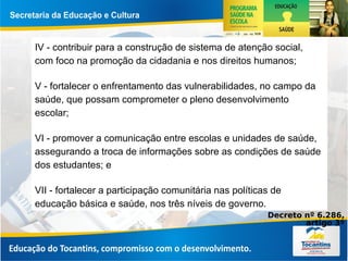IV - contribuir para a construção de sistema de atenção social, 
com foco na promoção da cidadania e nos direitos humanos;
V - fortalecer o enfrentamento das vulnerabilidades, no campo da 
saúde, que possam comprometer o pleno desenvolvimento 
escolar;
VI - promover a comunicação entre escolas e unidades de saúde, 
assegurando a troca de informações sobre as condições de saúde 
dos estudantes; e
VII - fortalecer a participação comunitária nas políticas de 
educação básica e saúde, nos três níveis de governo.
Decreto nº 6.286,
artigo 3º
 