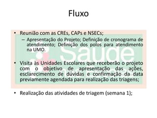 Fluxo
• Reunião com as CREs, CAPs e NSECs;
   – Apresentação do Projeto; Definição de cronograma de
     atendimento; Definição dos polos para atendimento
     na UMO.

• Visita às Unidades Escolares que receberão o projeto
  com o objetivo de apresentação das ações,
  esclarecimento de dúvidas e confirmação da data
  previamente agendada para realização das triagens;

• Realização das atividades de triagem (semana 1);
 