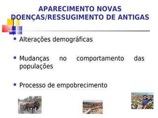 APARECIMENTO NOVAS
DOENÇAS/RESSUGIMENTO DE ANTIGAS

   Alterações demográficas

   Mudanças   no    comportamento   das
    populações

   Processo de empobrecimento
 
