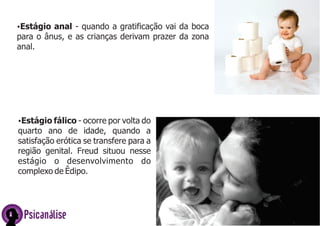 ŸEstágio anal - quando a gratificação vai da boca
para o ânus, e as crianças derivam prazer da zona
anal.
Psicanálise
ŸEstágio fálico - ocorre por volta do
quarto ano de idade, quando a
satisfação erótica se transfere para a
região genital. Freud situou nesse
estágio o desenvolvimento do
complexo de Êdipo.
 