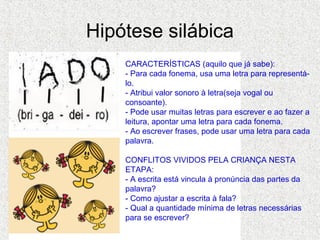 Hipótese silábica
CARACTERÍSTICAS (aquilo que já sabe):
- Para cada fonema, usa uma letra para representá-
lo.
- Atribui valor sonoro à letra(seja vogal ou
consoante).
- Pode usar muitas letras para escrever e ao fazer a
leitura, apontar uma letra para cada fonema.
- Ao escrever frases, pode usar uma letra para cada
palavra.
CONFLITOS VIVIDOS PELA CRIANÇA NESTA
ETAPA:
- A escrita está vincula à pronúncia das partes da
palavra?
- Como ajustar a escrita à fala?
- Qual a quantidade mínima de letras necessárias
para se escrever?
 