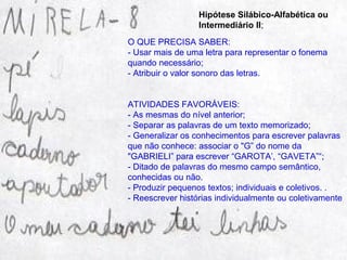 O QUE PRECISA SABER:
- Usar mais de uma letra para representar o fonema
quando necessário;
- Atribuir o valor sonoro das letras.
ATIVIDADES FAVORÁVEIS:
- As mesmas do nível anterior;
- Separar as palavras de um texto memorizado;
- Generalizar os conhecimentos para escrever palavras
que não conhece: associar o "G” do nome da
"GABRIELI” para escrever “GAROTA’, “GAVETA”“;
- Ditado de palavras do mesmo campo semântico,
conhecidas ou não.
- Produzir pequenos textos; individuais e coletivos. .
- Reescrever histórias individualmente ou coletivamente
Hipótese Silábico-Alfabética ou
Intermediário II;
 