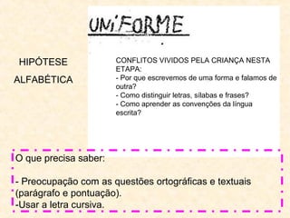 CONFLITOS VIVIDOS PELA CRIANÇA NESTA
ETAPA:
- Por que escrevemos de uma forma e falamos de
outra?
- Como distinguir letras, sílabas e frases?
- Como aprender as convenções da língua
escrita?
HIPÓTESE
ALFABÉTICA
O que precisa saber:
- Preocupação com as questões ortográficas e textuais
(parágrafo e pontuação).
-Usar a letra cursiva.
 