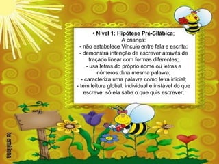 • Nível 1: Hipótese Pré-Silábica;
A criança:
- não estabelece Vínculo entre fala e escrita;
- demonstra intenção de escrever através de
traçado linear com formas diferentes;
- usa letras do próprio nome ou letras e
números dna mesma palavra;
- caracteriza uma palavra como letra inicial;
- tem leitura global, individual e instável do que
escreve: só ela sabe o que quis escrever;
 
