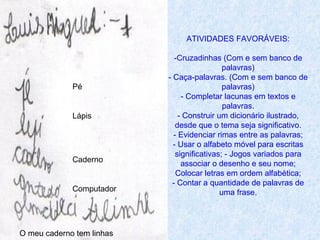 Pé
Lápis
Caderno
Computador
O meu caderno tem linhas
ATIVIDADES FAVORÁVEIS:
-Cruzadinhas (Com e sem banco de
palavras)
- Caça-palavras. (Com e sem banco de
palavras)
- Completar lacunas em textos e
palavras.
- Construir um dicionário ilustrado,
desde que o tema seja significativo.
- Evidenciar rimas entre as palavras;
- Usar o alfabeto móvel para escritas
significativas; - Jogos variados para
associar o desenho e seu nome;
Colocar letras em ordem alfabética;
- Contar a quantidade de palavras de
uma frase.
 