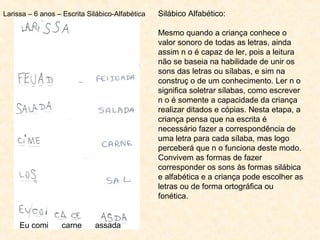 Silábico Alfabético:
Mesmo quando a criança conhece o
valor sonoro de todas as letras, ainda
assim n o é capaz de ler, pois a leitura
não se baseia na habilidade de unir os
sons das letras ou sílabas, e sim na
construç o de um conhecimento. Ler n o
significa soletrar sílabas, como escrever
n o é somente a capacidade da criança
realizar ditados e cópias. Nesta etapa, a
criança pensa que na escrita é
necessário fazer a correspondência de
uma letra para cada sílaba, mas logo
perceberá que n o funciona deste modo.
Convivem as formas de fazer
corresponder os sons às formas silábica
e alfabética e a criança pode escolher as
letras ou de forma ortográfica ou
fonética.
Larissa – 6 anos – Escrita Silábico-Alfabética
Eu comi carne assada
 