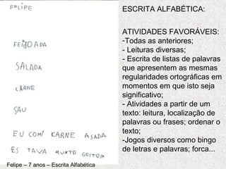 Felipe – 7 anos – Escrita Alfabética
ESCRITA ALFABÉTICA:
ATIVIDADES FAVORÁVEIS:
-Todas as anteriores;
- Leituras diversas;
- Escrita de listas de palavras
que apresentem as mesmas
regularidades ortográficas em
momentos em que isto seja
significativo;
- Atividades a partir de um
texto: leitura, localização de
palavras ou frases; ordenar o
texto;
-Jogos diversos como bingo
de letras e palavras; forca...
 