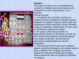 Silabário
Para jogar: Se não houver a possibilidade de
construir um silabário para cada criança, será
necessário um para cada grupo de 3 ou 4
crianças.
Formas de jogar:
1 - O professor leva as fichas e sorteia, as
crianças montam as palavras sorteadas, depois
registram no caderno. Pode-se, ainda, pedir que
identifiquem a letra inicial/final, número de letras,
vogais e consoantes. Dependendo do nível, pode-
se solicitar que separem as sílabas.
2 - Em grupo, cada criança recebe um
determinado número de tampinhas. Um por vez
deve tentar formar palavras colocando apenas
uma tampa no tabuleiro, sendo possível
aproveitar as sílabas/letras dos demais
integrantes.
3 - Cada criança forma 4 palavras no silabário,
depois, preenche os espaços com sílabas soltas e
troca o silabário com o colega, que deverá
localizar as palavras formadas pelos amigos.
Depois deverá ser feito um registro da atividade
no caderno.
 