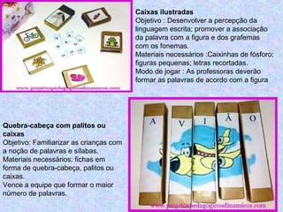Caixas ilustradas
Objetivo : Desenvolver a percepção da
linguagem escrita; promover a associação
da palavra com a figura e dos grafemas
com os fonemas.
Materiais necessários :Caixinhas de fósforo;
figuras pequenas; letras recortadas.
Modo de jogar : As professoras deverão
formar as palavras de acordo com a figura
Quebra-cabeça com palitos ou
caixas
Objetivo: Familiarizar as crianças com
a noção de palavras e sílabas.
Materiais necessários: fichas em
forma de quebra-cabeça, palitos ou
caixas.
Vence a equipe que formar o maior
número de palavras.
 