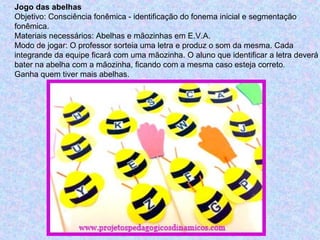 Jogo das abelhas
Objetivo: Consciência fonêmica - identificação do fonema inicial e segmentação
fonêmica.
Materiais necessários: Abelhas e mãozinhas em E.V.A.
Modo de jogar: O professor sorteia uma letra e produz o som da mesma. Cada
integrande da equipe ficará com uma mãozinha. O aluno que identificar a letra deverá
bater na abelha com a mãozinha, ficando com a mesma caso esteja correto.
Ganha quem tiver mais abelhas.
 