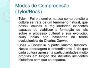 Modos de Compreensão
(Tylor/Boas)
Tylor – Foi o pioneiro, na sua compreensão a
cultura se trata de um fenômeno natural, que
possui causas e regularidades evidentes
capazes de viabilizar a formação de leis
sobre o processo cultural e sua evolução,
suas ideias são baseadas na teoria
evolucionista de Charles Darwin.
Boas – Construiu o particularismo histórico.
Nessa abordagem o entendimento é de que
cada cultura apresenta particularidades muito
próprias em função dos distintos incidentes
históricos com que se deparou.
 