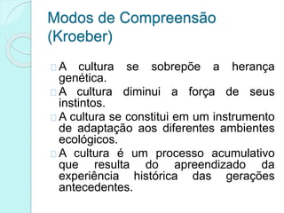Modos de Compreensão
(Kroeber)
A cultura se sobrepõe a herança
genética.
A cultura diminui a força de seus
instintos.
A cultura se constitui em um instrumento
de adaptação aos diferentes ambientes
ecológicos.
A cultura é um processo acumulativo
que resulta do apreendizado da
experiência histórica das gerações
antecedentes.
 