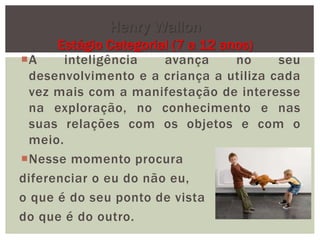 A inteligência avança no seu
desenvolvimento e a criança a utiliza cada
vez mais com a manifestação de interesse
na exploração, no conhecimento e nas
suas relações com os objetos e com o
meio.
Nesse momento procura
diferenciar o eu do não eu,
o que é do seu ponto de vista
do que é do outro.
Henry Wallon
Estágio Categorial (7 a 12 anos)
 