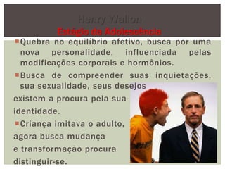 Quebra no equilíbrio afetivo, busca por uma
nova personalidade, influenciada pelas
modificações corporais e hormônios.
Busca de compreender suas inquietações,
sua sexualidade, seus desejos
existem a procura pela sua
identidade.
Criança imitava o adulto,
agora busca mudança
e transformação procura
distinguir-se.
Henry Wallon
Estágio da Adolescência
 