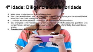 4ª idade: Diligência x Inferioridade
❖ Nesta etapa predominam as actividades escolares.
❖ Se a criança responde ao que lhe é exigido no processo de aprendizagem, a sua curiosidade é
estimulada bem como o desejo de aprender.
❖ O sucesso desenvolve nela os sentimentos de auto-estima e de competência.
❖ Se a criança se sente incapaz de atingir com sucesso as actividades escolares, quando os seus
companheiros o atingem, pode desenvolver um sentimento de inferioridade, desinvestindo nas
tarefas.
❏ Questão-base: Sou bem-sucedido ou incompetente?
 