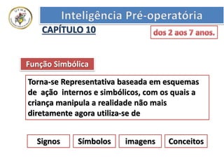 Torna-se Representativa baseada em esquemas
de ação internos e simbólicos, com os quais a
criança manipula a realidade não mais
diretamente agora utiliza-se de
CAPÍTULO 10
Função Simbólica
Signos Símbolos imagens Conceitos
 