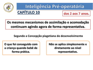 Os mesmos mecanismos de assimilação e acomodação
continuam agindo agora de forma representativa.
CAPÍTULO 10
Segundo a Concepção piagetiana do desenvolvimento
O que foi conseguido com
a criança quando bebê de
forma prática.
Não se aplica simplesmente e
diretamente ao nível
representativo.
 
