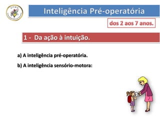 a) A inteligência pré-operatória.
b) A inteligência sensório-motora:
1 - Da ação à intuição.
 