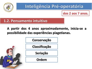 1.2. Pensamento intuitivo
A partir dos 4 anos aproximadamente, inicia-se a
possibilidade das experiências piagetianas.
Conservação
Classificação
Seriação
Ordem
 