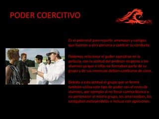 PODER COERCITIVO

             Es el potencial para repartir amenazas y castigos
             que fuercen a otra persona a cambiar su conducta.

             Podemos relacionar el poder coercitivo en la
             película, con la actitud del profesor respecto a los
             alumnos ya que si ellos no formaban parte de su
             grupo y de sus creencias debían cambiarse de clase.

             Debido a esta actitud el grupo que se formó
             también utiliza este tipo de poder con el resto de
             alumnos, por ejemplo al no llevar camisa blanca o
             no pertenecer al mismo grupo, les amenazaban, los
             castigaban excluyéndolos e incluso con agresiones.
 