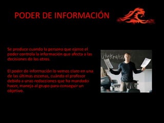 PODER DE INFORMACIÓN


Se produce cuando la persona que ejerce el
poder controla la información que afecta a las
decisiones de los otros.

El poder de información lo vemos claro en una
de las últimas escenas, cuándo el profesor
debido a unas redacciones que ha mandado
hacer, maneja al grupo para conseguir un
objetivo.
 