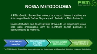 NOSSA METODOLOGIA
PLANEJAMENTO
DAS AÇÕES
DESENVOLVIMENTO
DAS AÇÕES
PLANEJADAS
VERIFICAR AS AÇÕES
DESENVOLVIDAS
ANÁLISE CRÍTICA DE
TODO O TRABALHO
A PSM Gestão Sustentável oferece aos seus clientes trabalhos na
área de gestão de Saúde, Segurança do Trabalho e Meio Ambiente.
Nossos trabalhos são desenvolvidos através de um diagnóstico único
para cada organização, afim de identificar pontos positivos e
oportunidades de melhoria.
* A PSM Gestão Sustentável se compromete em desenvolver análise crítica de todo o processo do trabalho.
 