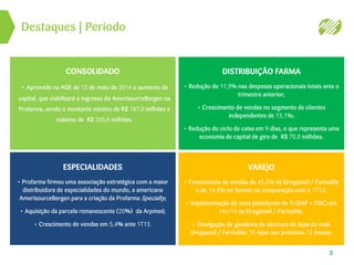 Destaques | Período
3
CONSOLIDADO
• Aprovado na AGE de 12 de maio de 2014 o aumento de
capital, que viabilizará o ingresso da AmerisourceBergen na
Profarma, sendo o montante mínimo de R$ 187,0 milhões e
máximo de R$ 335,6 milhões.
VAREJO
• Crescimento de vendas de 45,5% na Drogasmil / Farmalife
e de 14,8% na Tamoio na comparação com o 1T13;
• Implementação da nova plataforma de TI (SAP + ITEC) em
fev/14 na Drogasmil / Farmalife;
• Divulgação de guidance de abertura de lojas da rede
Drogasmil / Farmalife: 35 lojas nos próximos 12 meses;
ESPECIALIDADES
• Profarma firmou uma associação estratégica com a maior
distribuidora de especialidades do mundo, a americana
AmerisourceBergen para a criação da Profarma Specialty;
• Aquisição da parcela remanescente (20%) da Arpmed;
• Crescimento de vendas em 5,4% ante 1T13.
DISTRIBUIÇÃO FARMA
• Redução de 11,9% nas despesas operacionais totais ante o
trimestre anterior;
• Crescimento de vendas no segmento de clientes
independentes de 13,1%;
• Redução do ciclo de caixa em 9 dias, o que representa uma
economia de capital de giro de R$ 70,0 milhões.
 