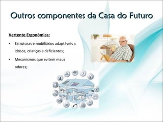 Outros componentes da Casa do Futuro Vertente Ergonómica: Estruturas e mobiliários adaptáveis a idosos, crianças e deficientes; Mecanismos que evitem maus odores; 