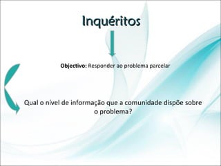 Inquéritos Qual o nível de informação que a comunidade dispõe sobre o problema? Objectivo:  Responder ao problema parcelar 