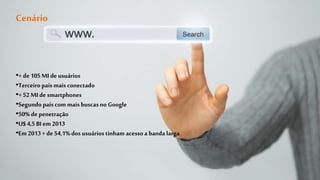 Cenário 
•+ de 105 MI de usuários 
•Terceiro país mais conectado 
•+ 52 MI de smartphones 
•Segundo país com mais buscas no Google 
•50% de penetração 
•U$ 4,5 BI em 2013 
•Em 2013 + de 54,1% dos usuários tinham acesso a banda larga 
 
