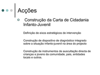 Acções Construção da Carta de Cidadania Infanto-Juvenil  Definição de eixos estratégicos de intervenção Construção de dispositivo de diagnóstico integrado sobre a situação infanto-juvenil na área do projecto Construção de instrumentos de auscultação directa de crianças e jovens da comunidade, pais, entidades locais e outros. 
