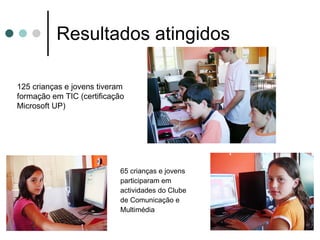 Resultados atingidos 65 crianças e jovens participaram em actividades do Clube de Comunicação e  Multimédia 125 crianças e jovens tiveram formação em TIC (certificação Microsoft UP)  