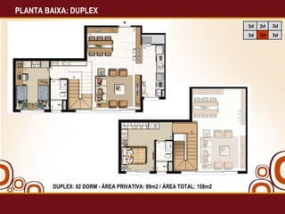 PLANTA BAIXA: DUPLEX DUPLEX: 02 DORM - ÁREA PRIVATIVA: 99m2 / ÁREA TOTAL: 158m2 3d 2d 2d 3d 3d 3d 