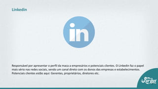 Responsável por apresentar o perfil da maca a empresários e potenciais clientes. O Linkedin faz o papel
mais sério nas redes sociais, sendo um canal direto com os donos das empresas e estabelecimentos.
Potenciais clientes estão aqui: Gerentes, proprietários, diretores etc.
Linkedin
 