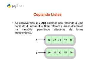 Copiando Listas

• Ao escrevermos B = A[:] estamos nos referindo a uma
  cópia de A. Assim A e B se referem a áreas diferentes
  na    memória,   permitindo   alterá-las de forma
  independente.
 