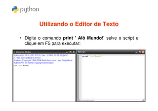Utilizando o Editor de Texto

• Digite o comando print ' Alô Mundo!' salve o script e
  clique em F5 para executar:
 