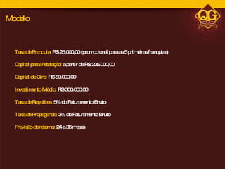 Taxa de Franquia:  R$ 25.000,00 (promocional para as 5 primeiras franquias) Capital para instalação:  a partir de R$ 225.000,00 Capital de Giro:  R$ 50.000,00 Investimento Médio:  R$ 300.000,00 Taxa de Royalties:  5% do Faturamento Bruto Taxa de Propaganda:  3% do Faturamento Bruto Previsão de retorno:  24 a 36 meses Modelo 