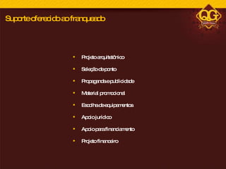Projeto arquitetônico Seleção de ponto Propaganda e publicidade Material promocional Escolha de equipamentos Apoio jurídico Apoio para financiamento Projeto financeiro Suporte oferecido ao franqueado 