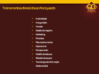 Implantação Inauguração Vendas Gestão do negócio Marketing Produtos Recursos humanos Operacional Planejamento Gestão de estoque Seleção de equipe Tecnologia de informação (Sistema QG) Treinamentos oferecidos ao franqueado 